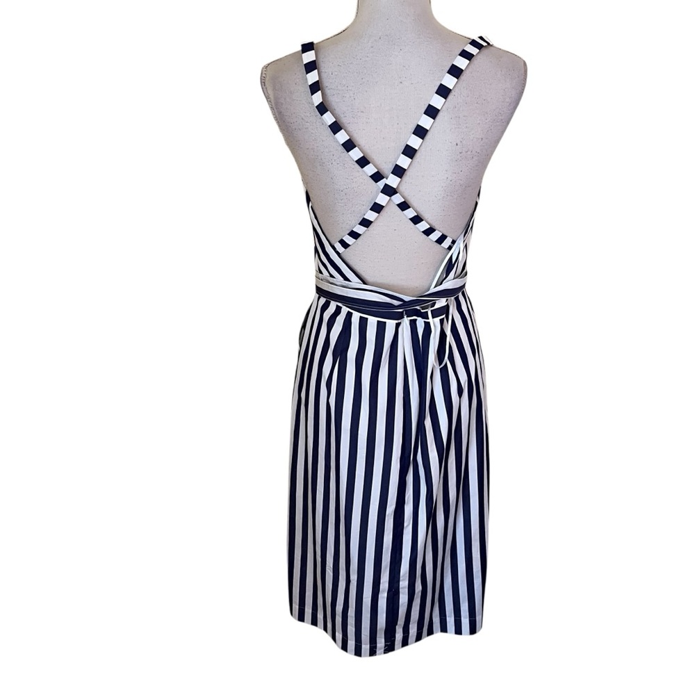 J. Crew/Thomas Mason Navy Blue/White Cotton Striped Apron Tie Midi Dress 12 - Picture 7 of 10